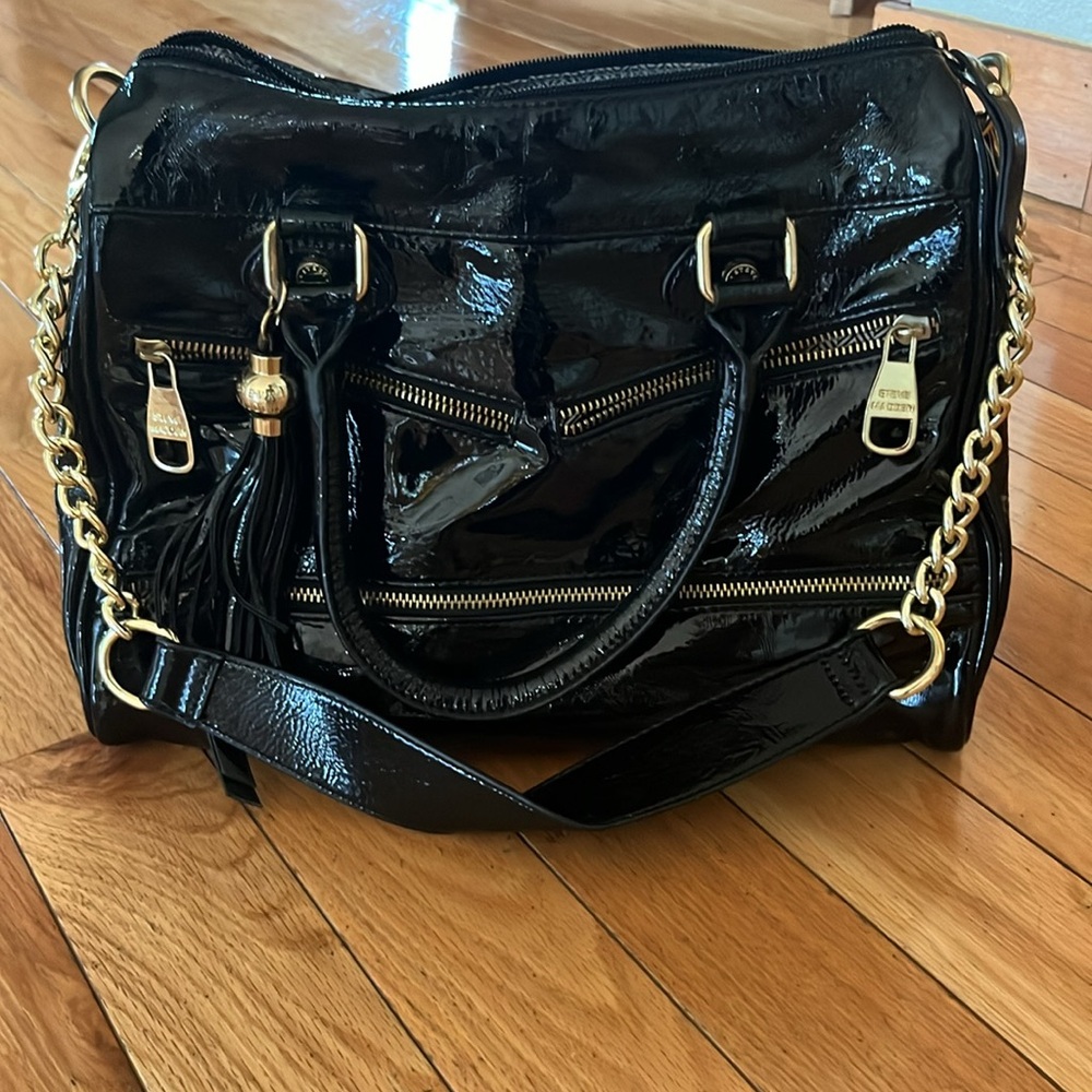 Steve Madden black patent leather gold accent purse
